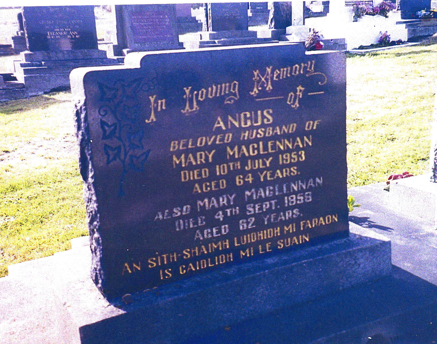 Photo of headstones/Angus MacLennan d1953 hdstn Andersons Bay Dunedin NZ